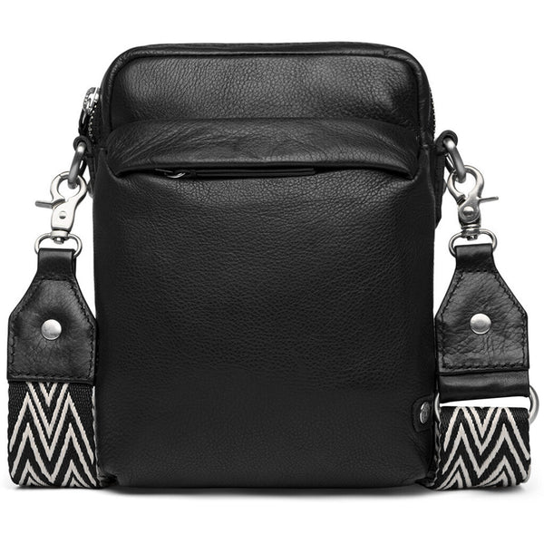 DEPECHE Læder mobiltaske dekoreret med canvas crossbodyrem Mobilebag 099 Black (Nero)