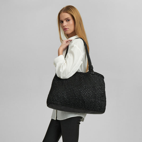 DEPECHE Shopper skindtaske dekoreret med flet Shopper 099 Black (Nero)