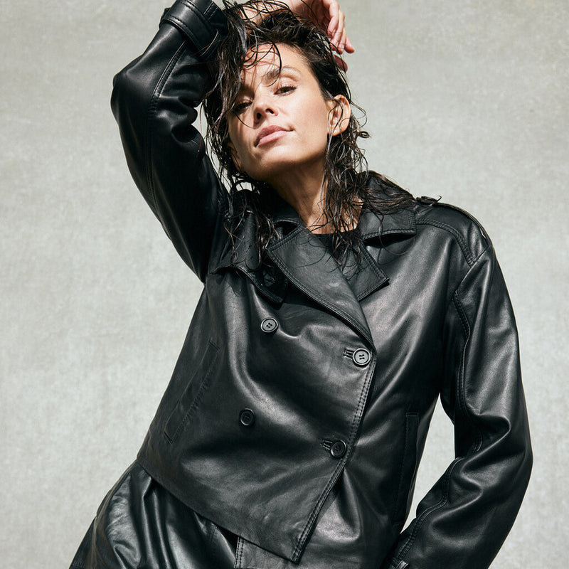 Depeche leather wear Trendy kort May trenchcoat i blødt skind Jackets 099 Black (Nero)