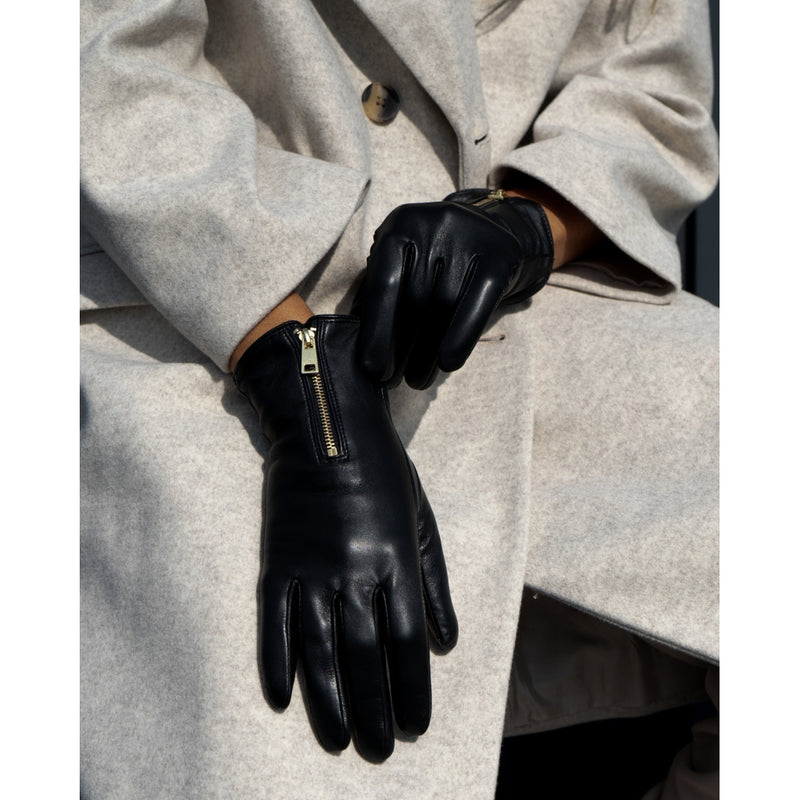 DEPECHE Læderhandsker dekoreret med lynlås på front Gloves 097 Gold