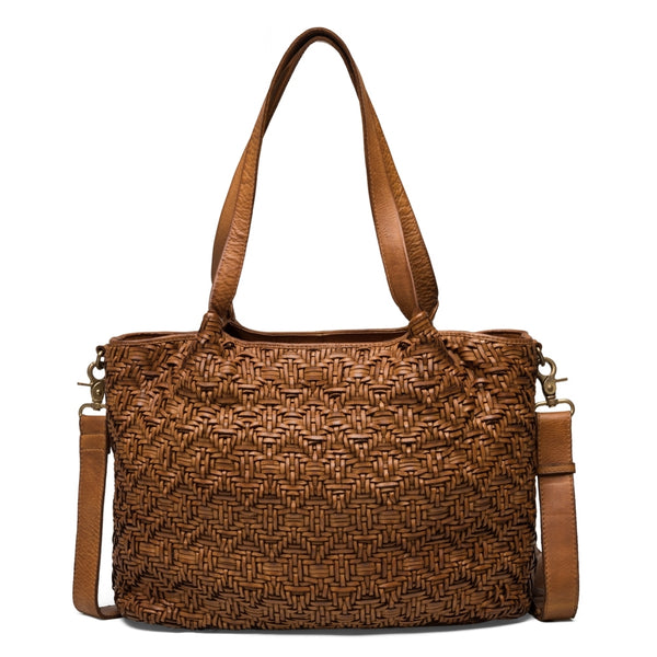 DEPECHE Shopper lædertaske med smukt fletmønster Shopper 014 Cognac