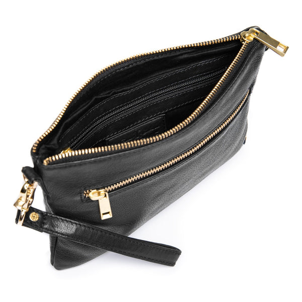 DEPECHE Smuk læder clutch dekoreret med guldfarvede lynlåse Small bag / Clutch 099 Black (Nero)